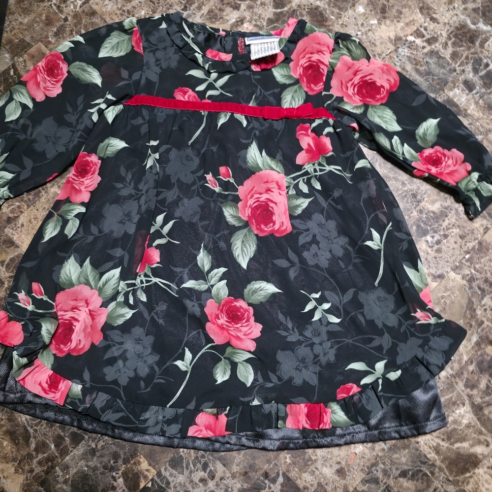 VTG Minibasix Girls A-Line Black Red Floral Long Sleeve Bow Dress 18M Polyester